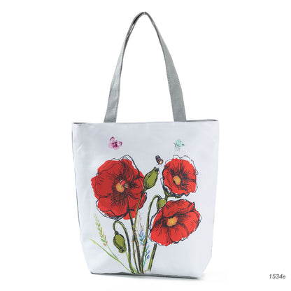 Ink Painting Flower Shoulder Bag Female Printed Flowers Zip Shopping Bag