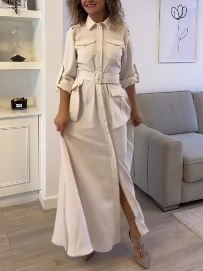 Solid Color Long Sleeve Shirt Belt Dress