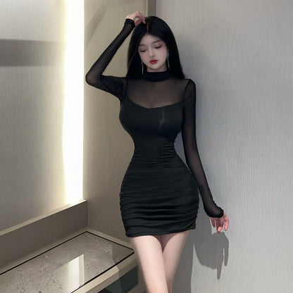 Mesh-panelled Long-sleeve Short Skirt Bodycon Sheath Dress For Women