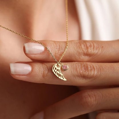 Golden Hollowed Angel Wings Pendant Necklace With Birthstone For Each Month