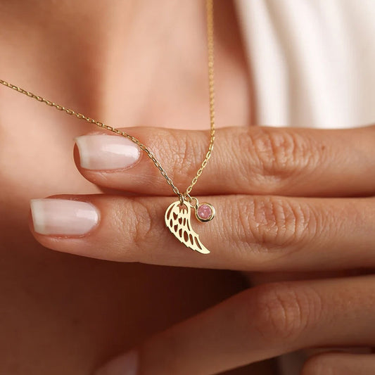 Golden Hollowed Angel Wings Pendant Necklace With Birthstone For Each Month