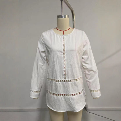 Versatile Women's Round-neck Semi-sheer Hollow-out Long-sleeve Shirt