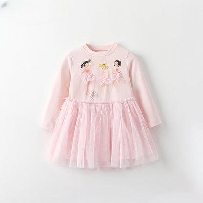 Cute Crew-neck Long-sleeve Dress Suitable For Toddlers
