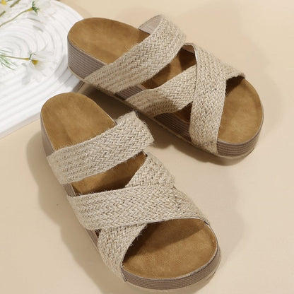 Women's Woven Cross-Strap Platform Sandals - Summer Beach Slippers | Flat Comfort Slides