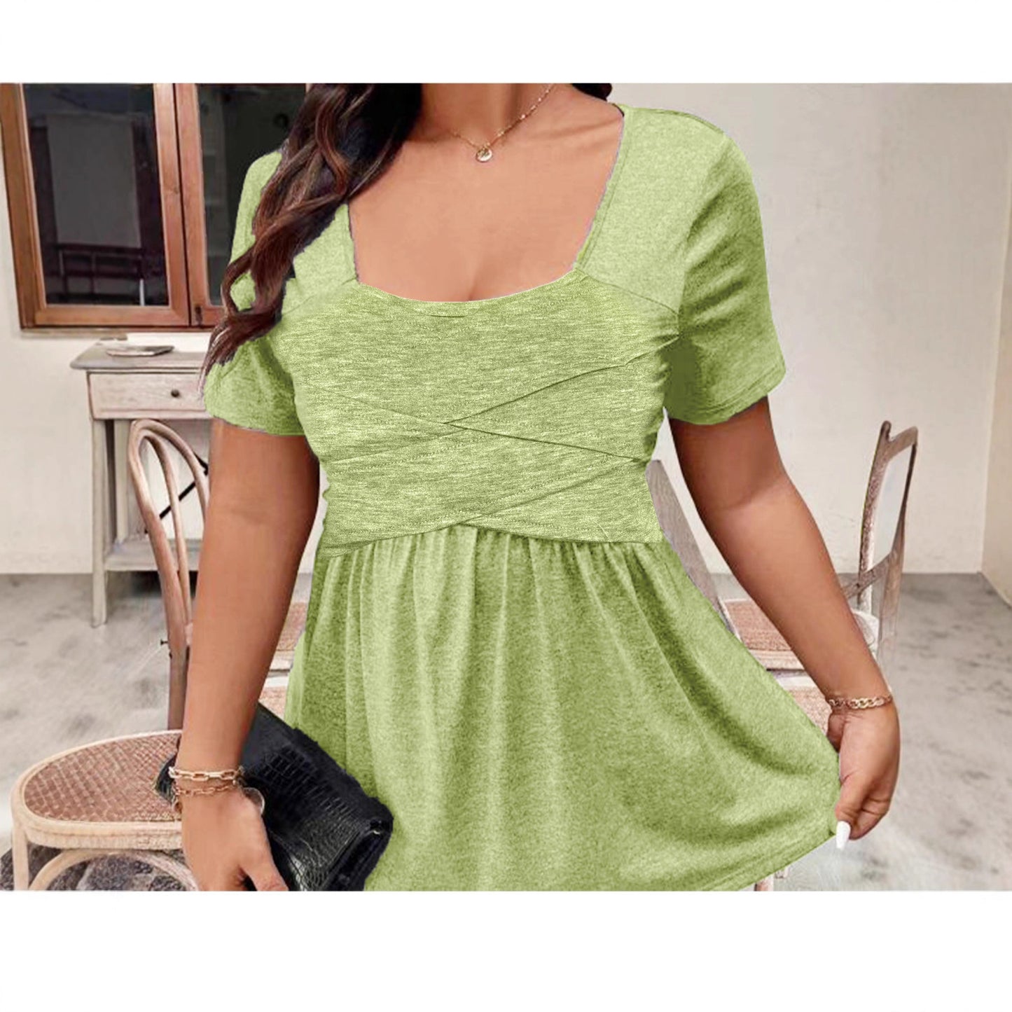 Solid-color Square-neck Front-cross-strap Short-sleeve Casual T-shirt