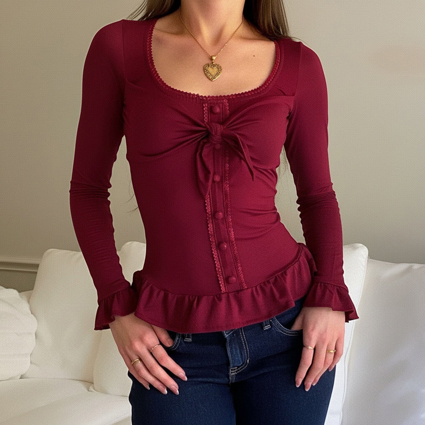 Sweet And Spicy Style With A U-neck And Ruffled Hem, Long-sleeved Design