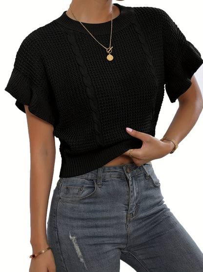 Twisted String Ruffled Short Sleeves Round Neck Knitted Pullover Knitted Sweater