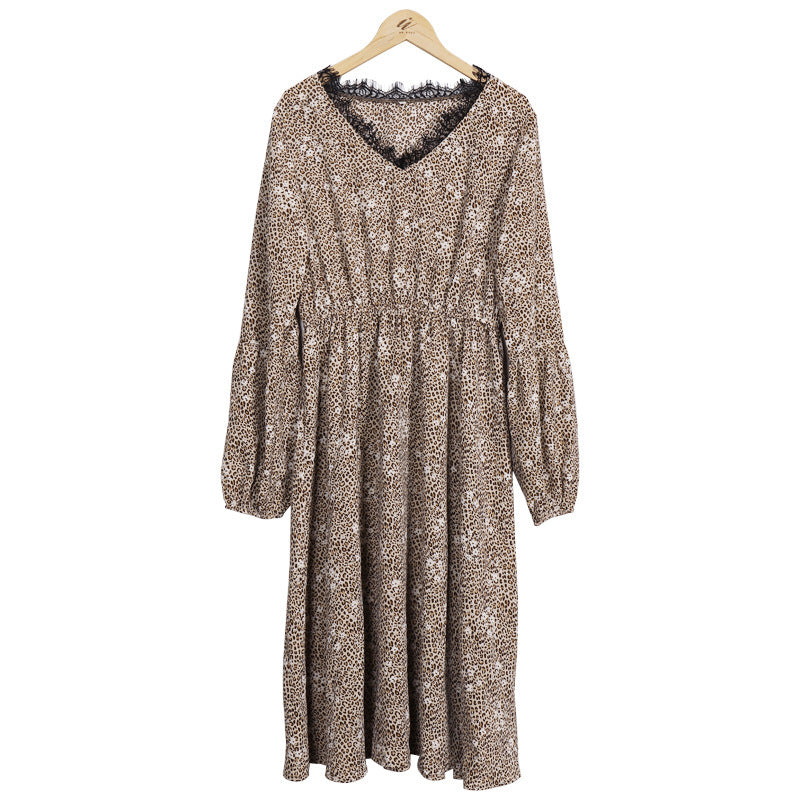 Spring And Summer New Lace V-neck Leopard Print Long-sleeved Mid-length Waist Dress Women