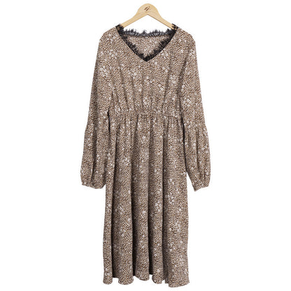 Spring And Summer New Lace V-neck Leopard Print Long-sleeved Mid-length Waist Dress Women