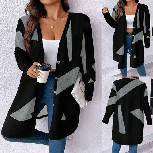 Loose Casual Plus Size Knitwear Cardigan Button Stitching Printing Coat