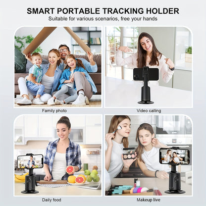 360° Auto-Tracking Smartphone Tripod - Hands-Free Face & Body Recognition - Wireless Rechargeable Holder for Live Streaming, Vlogging & Video Recording - Black