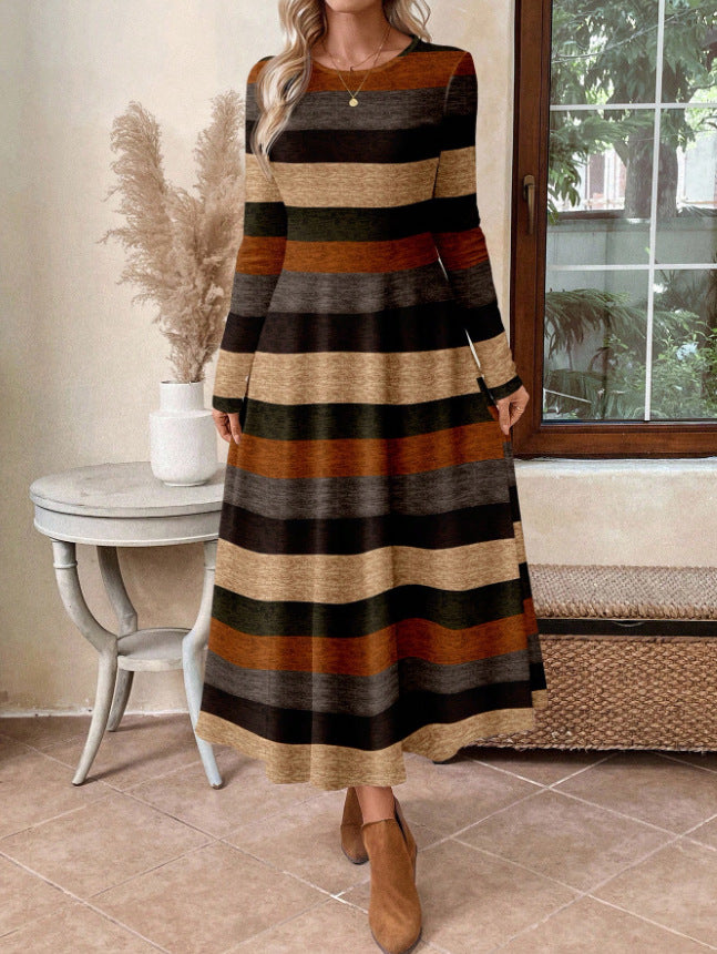 Women's Casual Crew-Neck Colorblock Striped Maxi Dress
