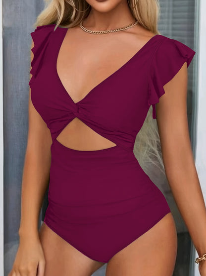 V Neck Ruched One Piece Swimsuit with Flattering Ruffle Accent - Stylish Cut Out Back Buckle Detail & High Cut Leg - Premium Womens Swimwear Bathing Suit