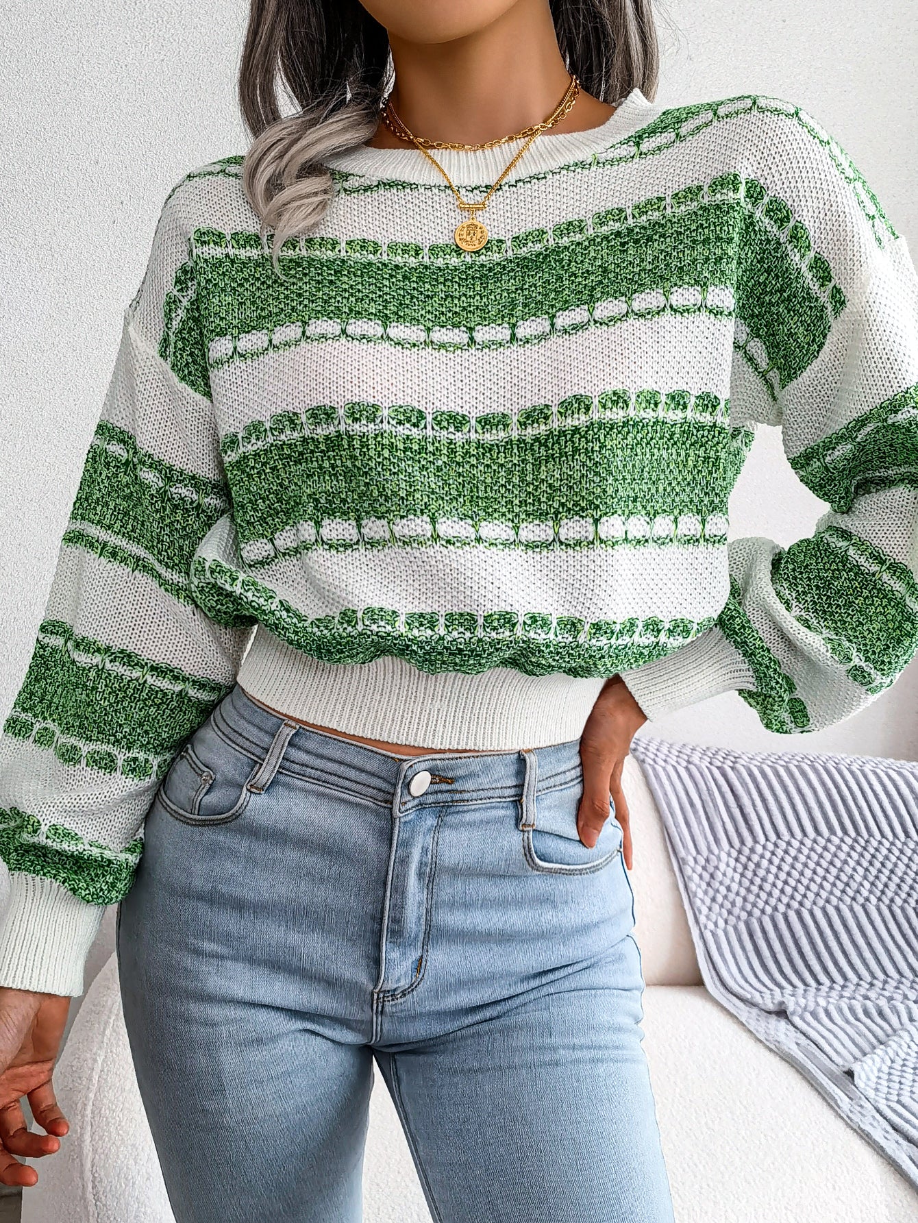 Women Fashion Color Block Long Sleeve Knit Sweater