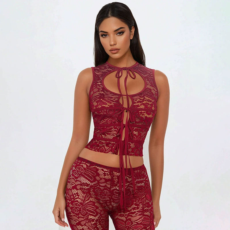 Lace-spliced Lace-up Backless Top And Shorts Set For Women