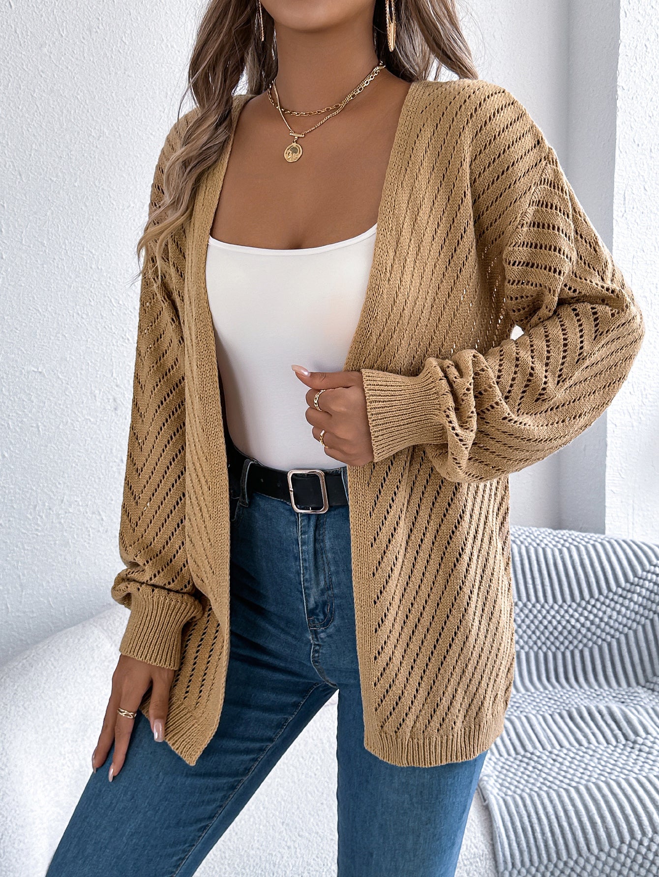 Women Casual Solid Color Hollow Out Long Sleeve Cardigan Sweater