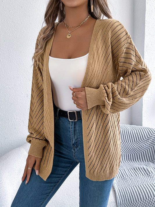 Women Casual Solid Color Hollow Out Long Sleeve Cardigan Sweater
