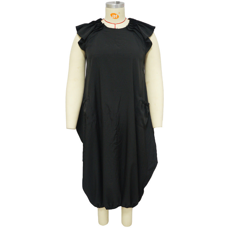 Women's Plus-Size Solid-Color Loose Dress With Two Pockets