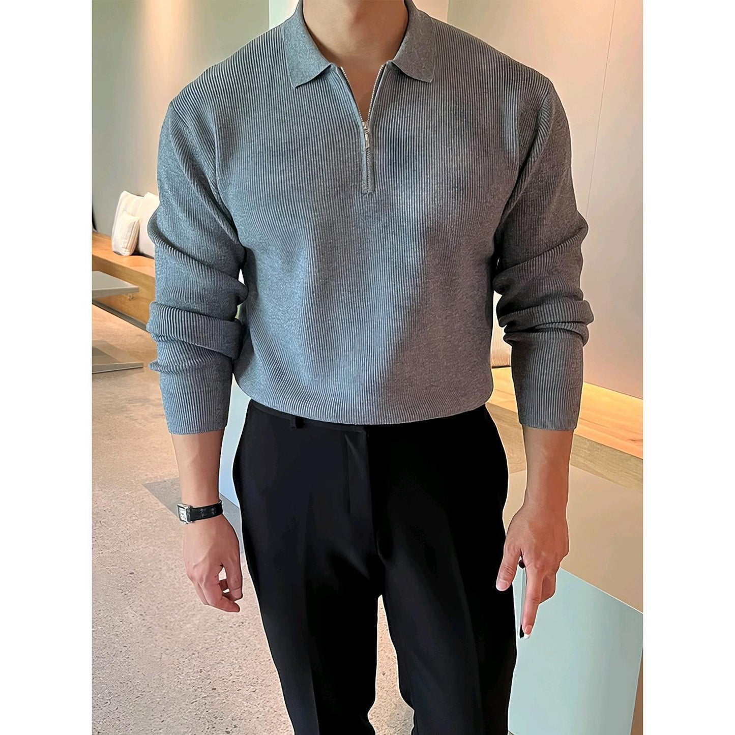 Gray Long-sleeved Knitted POLO Shirt For Men In Autumn