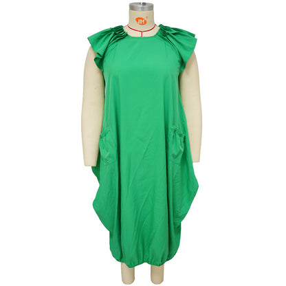 Women's Plus-Size Solid-Color Loose Dress With Two Pockets