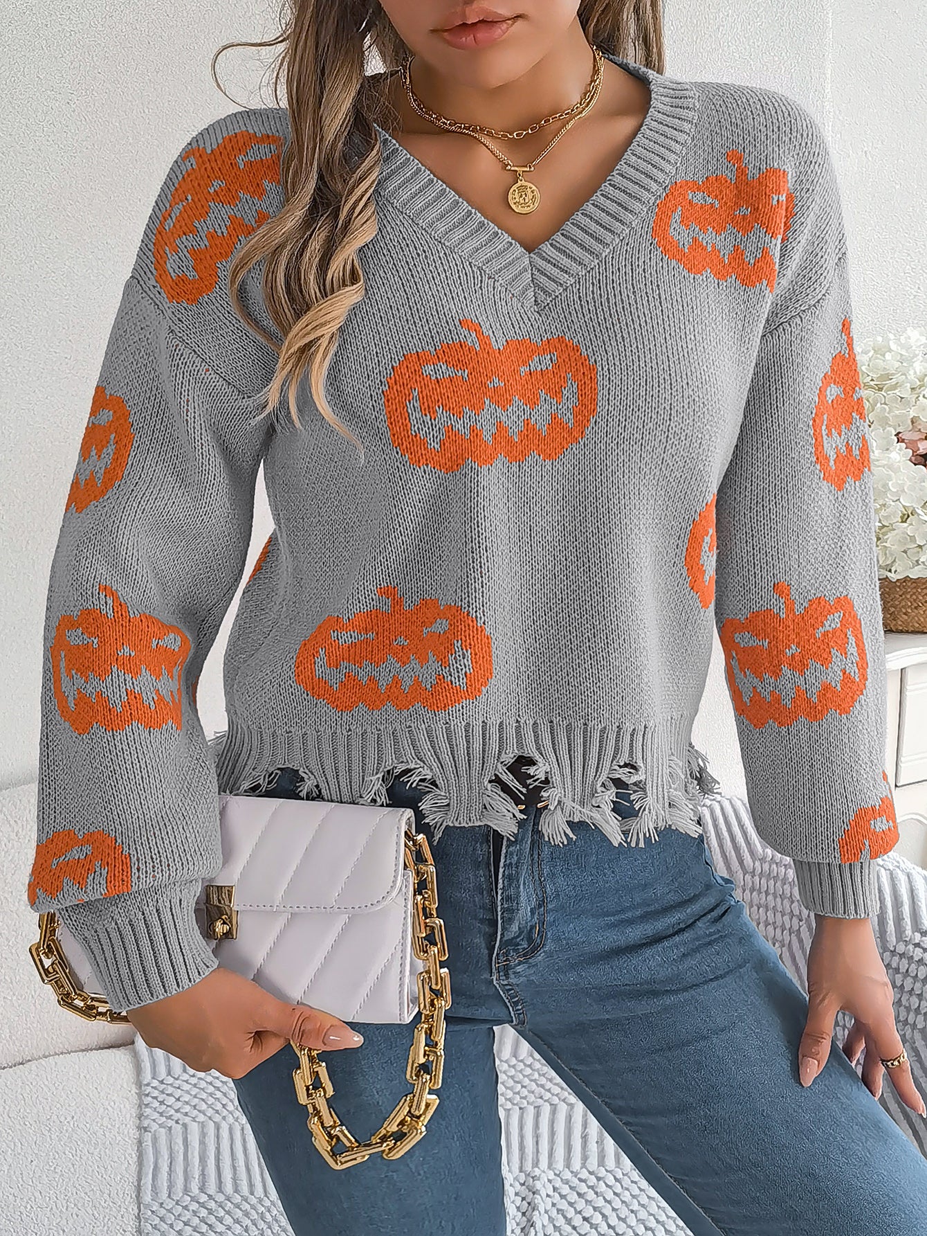 Women Color Block Pumpkin Distressed Long Sleeve Pullover Sweater