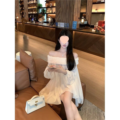 Off-shoulder Long Sleeve Chiffon Shirt Loose Mid-length Thin Top