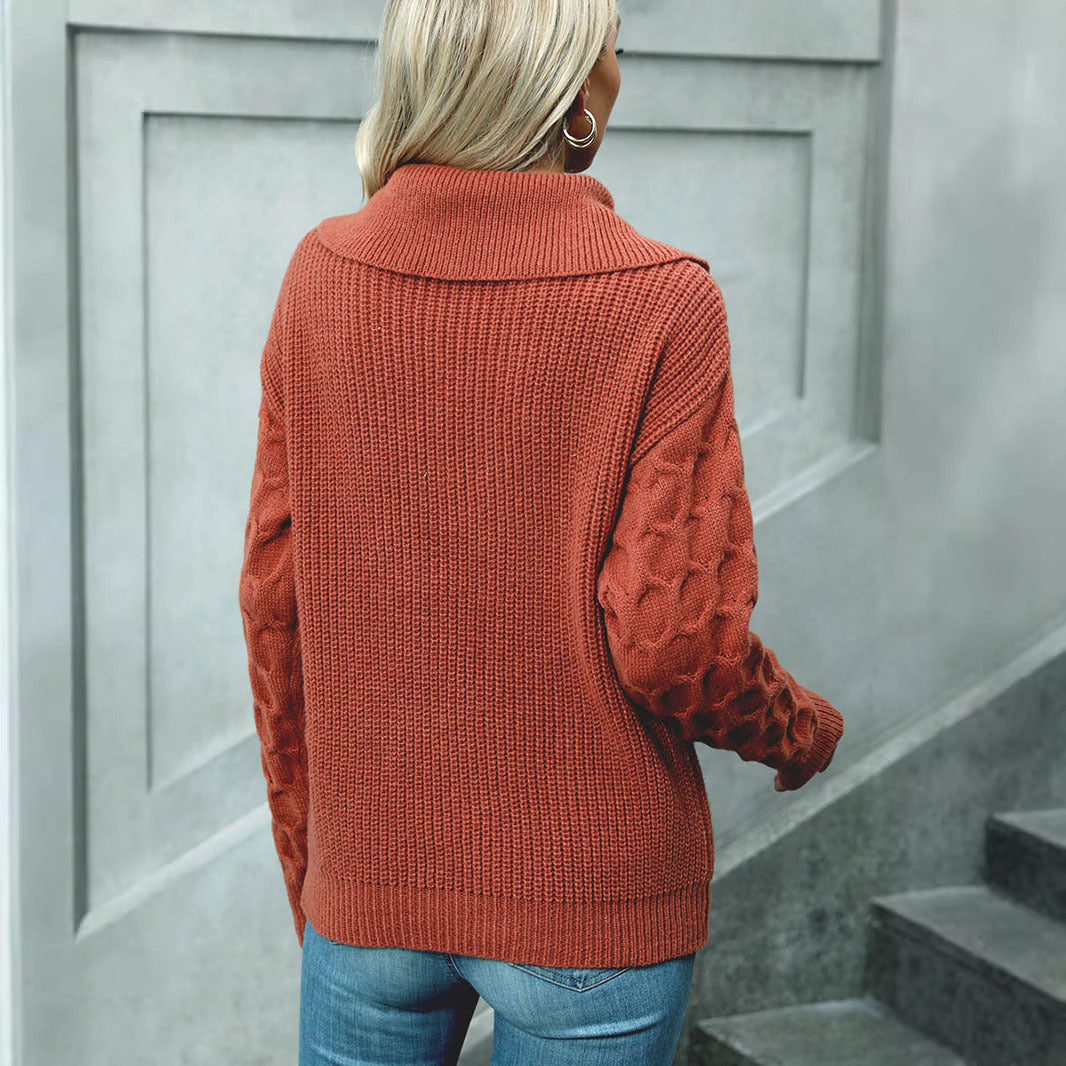 Customizable Zippered POLO Sweater With Large Lapel And Textured Knit Pullover