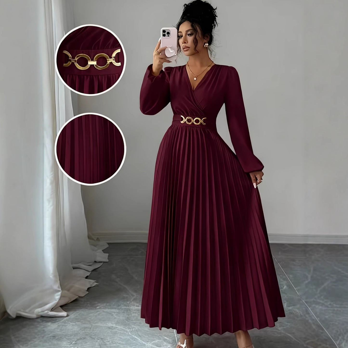 Women's Solid-color Casual Chic V-neck Dress