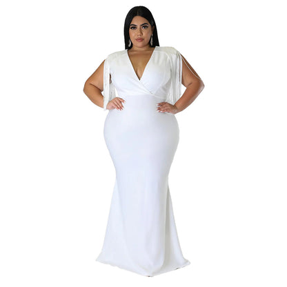 Women's Plus-Size Tassel V-Neck Long-Sleeve Slim-Fit Dress