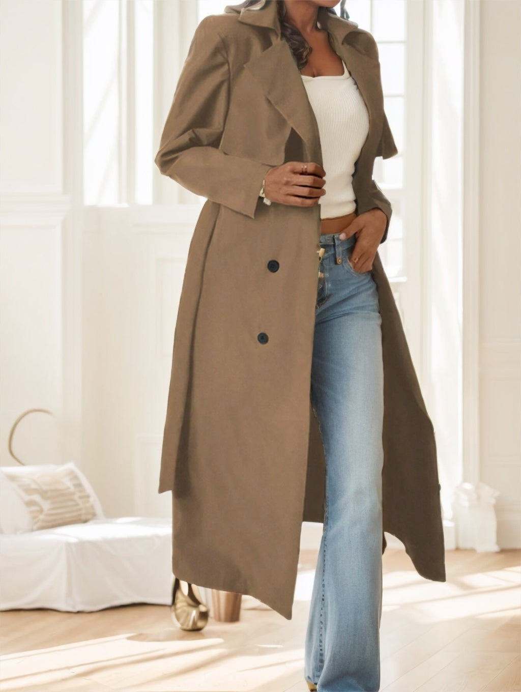 Women's Casual Double-Breasted Mid-Length Trench Coat