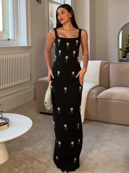 Black Two-piece Beaded Zipper Top & Skirt Set