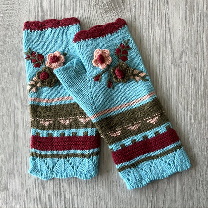 Handmade Crochet Fingerless Gloves - Vintage Embroidered Arm Warmers for Women