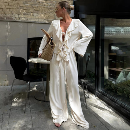 V-neck Ruffled Long-sleeve Shirt And High-waist Wide-leg Pants Two-piece Set