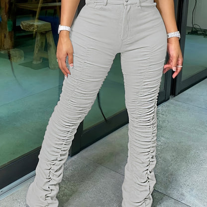 HY5159 Women's High-Waisted Stretchy Ruched Pants - Light Grey Casual Tapered Leggings with 95% Polyester 5% Elastane, Machine Washable All-Season Comfort