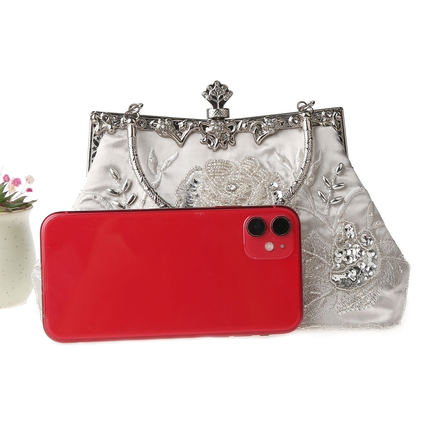 Handmade Beaded Clutch Bag - Elegant Embroidered Rose Silk Evening Purse with Removable Strap