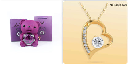 Rotating Bear Gift Box Eternal Rose Teddy Bear Jewelry Box With Necklace Valentine Wedding Special Present For Girlfriend Anniversary Gift Jewelry Box