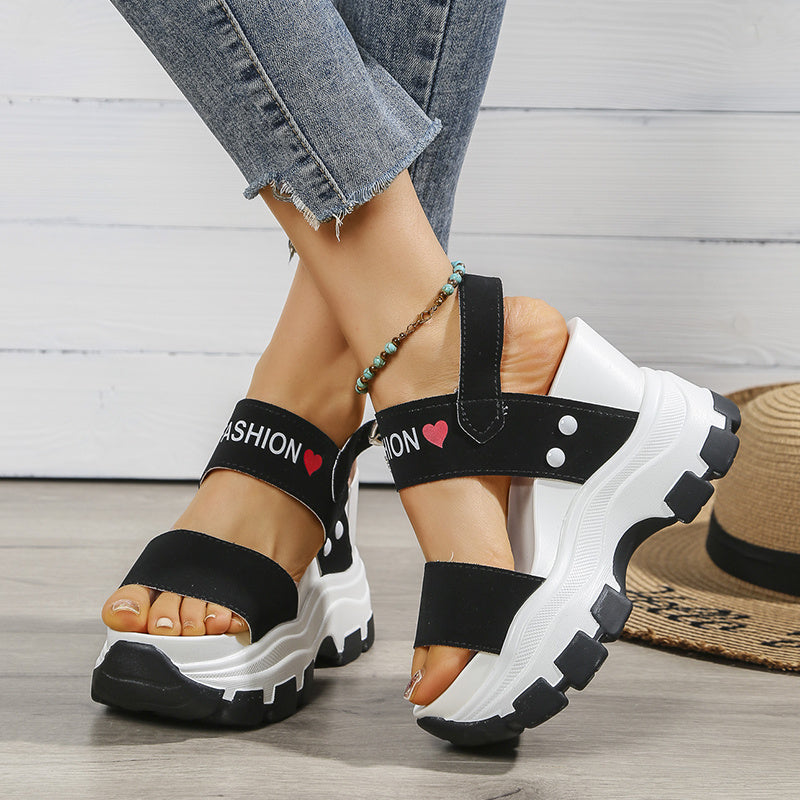 Women's Platform Wedge Sandals - Open Toe Ankle Strap Heels with Metal Buckle