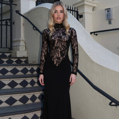 Women's Solid-Color High-Neck Hollow-Out Sheer Lace Bodycon Long-Sleeve Dress