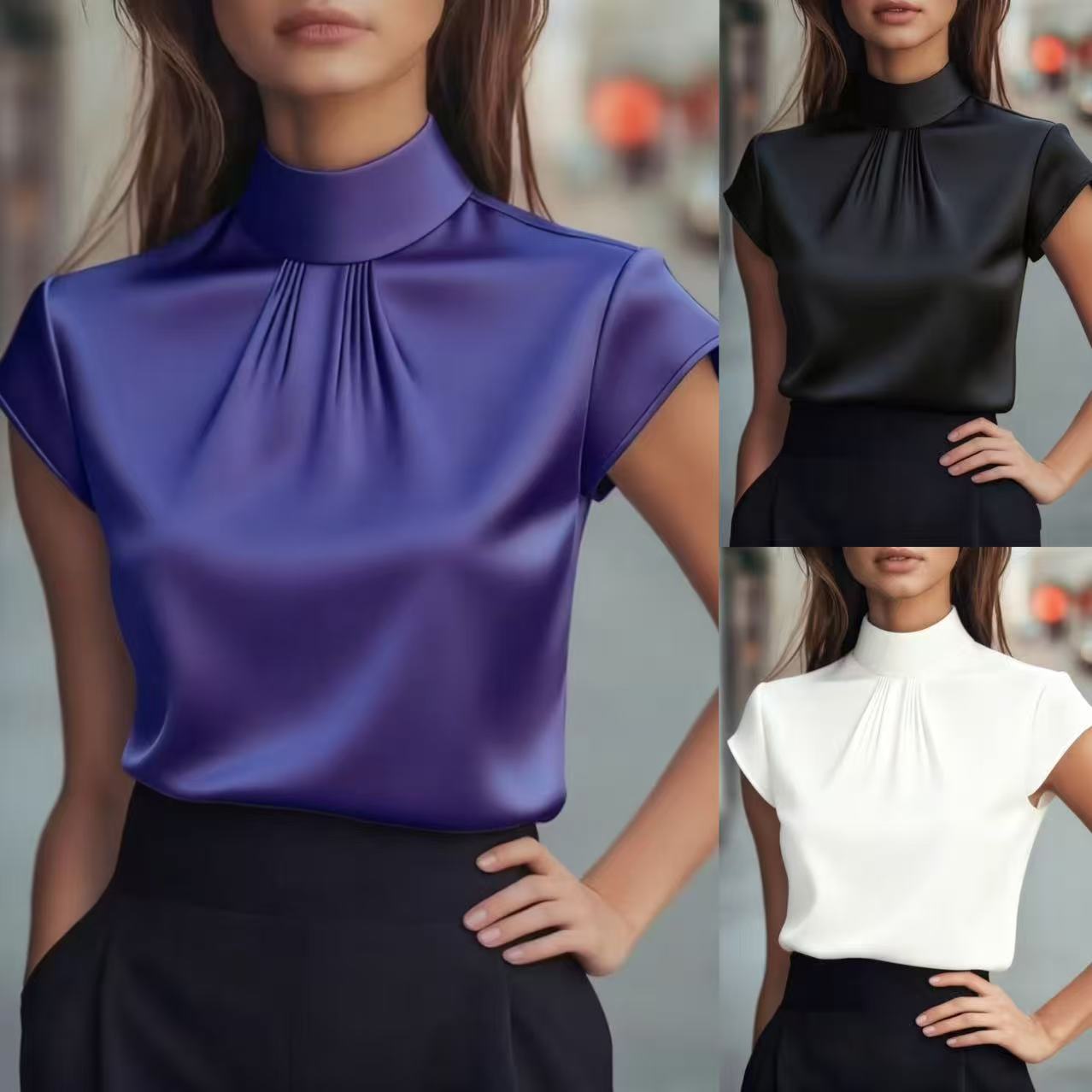 Womens Solid-color Satin Top With A Pleated Design And Short Sleeves