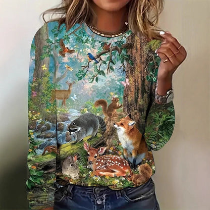 Crew-neck Top With 3D Animal All-over Print Faux-fleece Hoodie