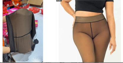 One-line True See-through Leggings Fleece-lined Warm Women's Outer Wear Pantyhose