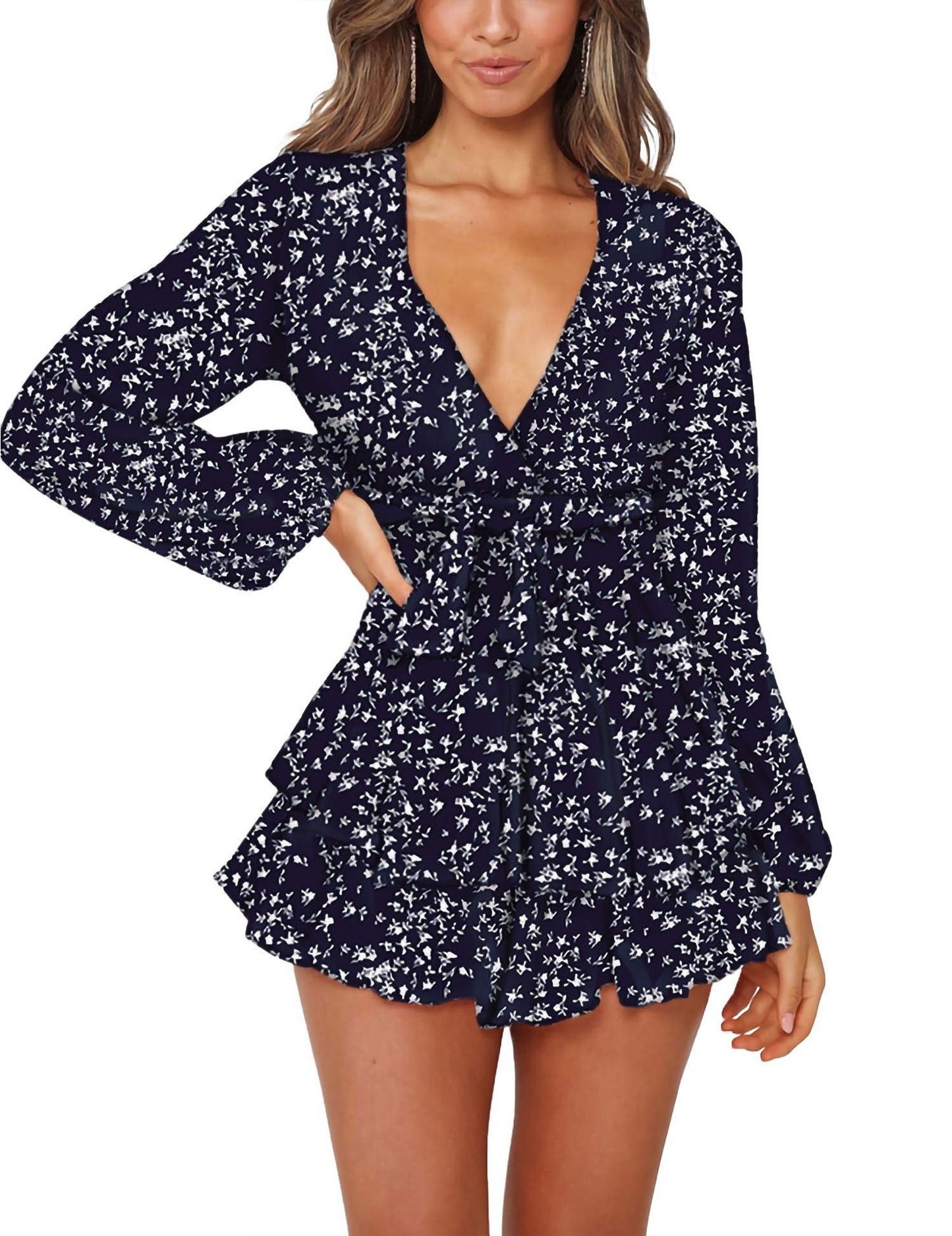 Ladies Polka-dot V-neck Jumpsuits, Long Sleeve Ruffle Hem Romper Playsuit, Casual Every Day Romper, Women's Clothing