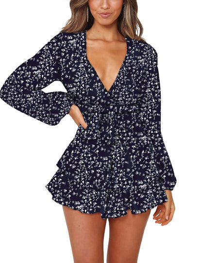 Ladies Polka-dot V-neck Jumpsuits, Long Sleeve Ruffle Hem Romper Playsuit, Casual Every Day Romper, Women's Clothing