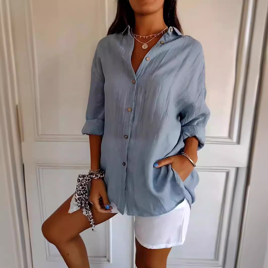 Lapel Long Sleeve Shirt Women's Single-breasted Pleated Shirt Tops Clothing