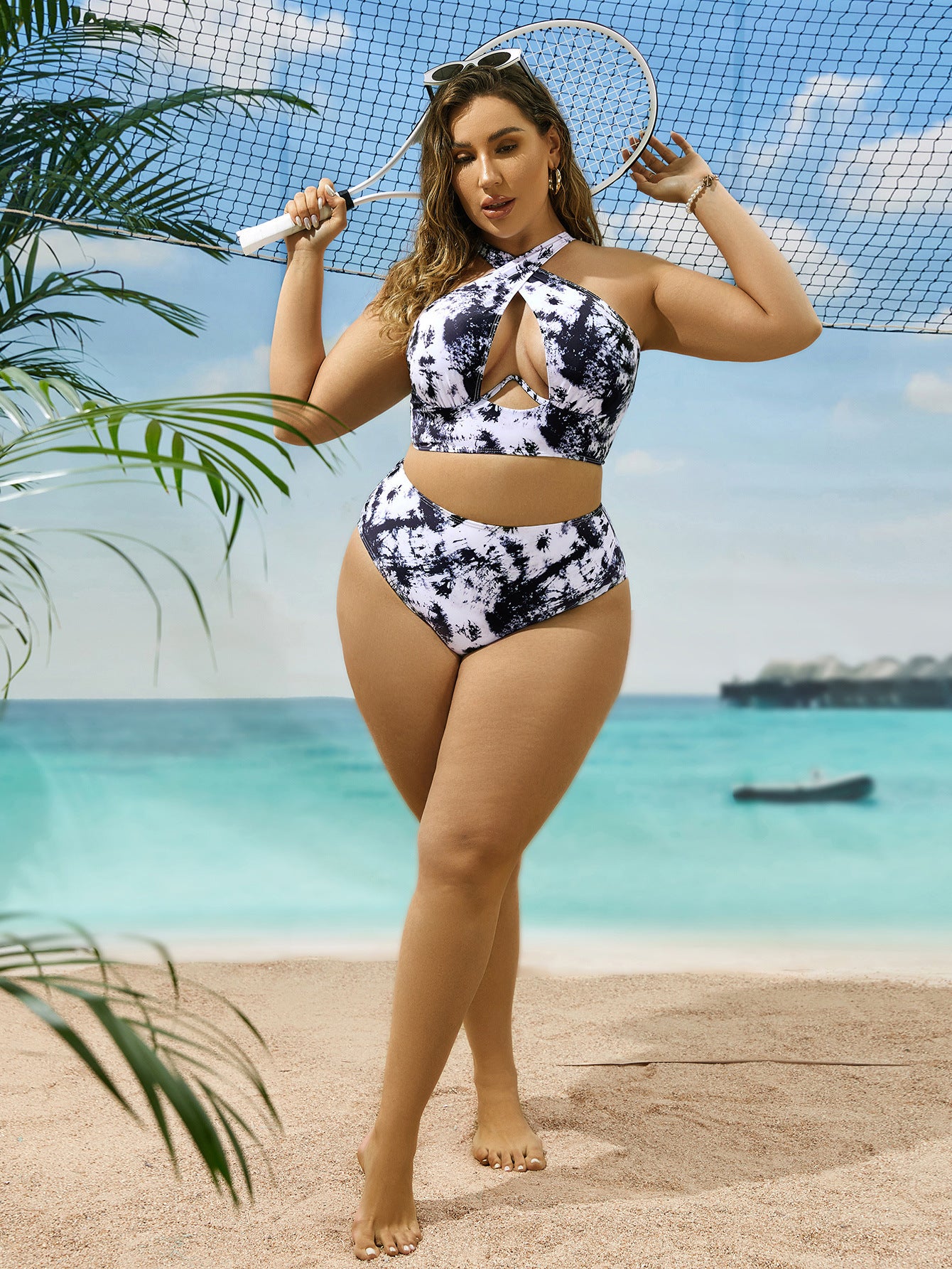 Cross Collar Random Printed Bikini Swimsuit Suit