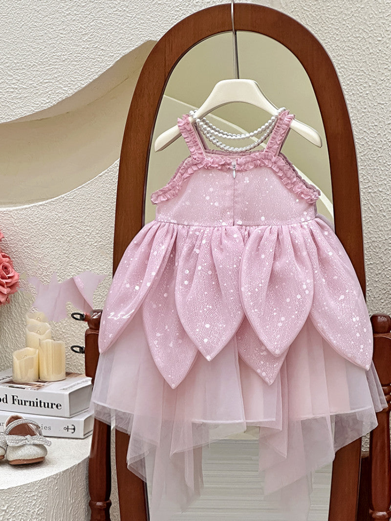 Girl's Summer Flower Strap Dress Children's Super Fairy Petal French High-end Birthday Princess