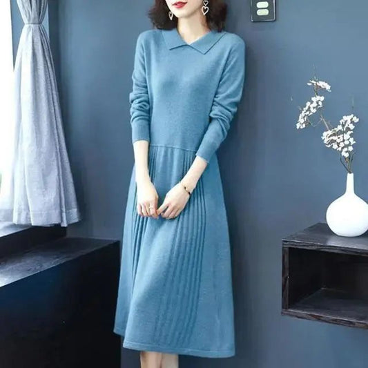 New Loose Slimming Mid-length Knitted Long Sleeve Sweater Dress