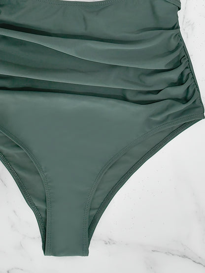 V Neck Ruched One Piece Swimsuit with Flattering Ruffle Accent - Stylish Cut Out Back Buckle Detail & High Cut Leg - Premium Womens Swimwear Bathing Suit