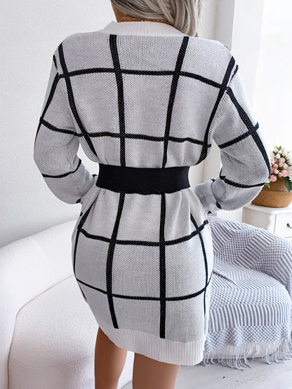 Premium Color Block Plaid Sweater Dress - Women's Long Sleeve Casual Bodycon Dress