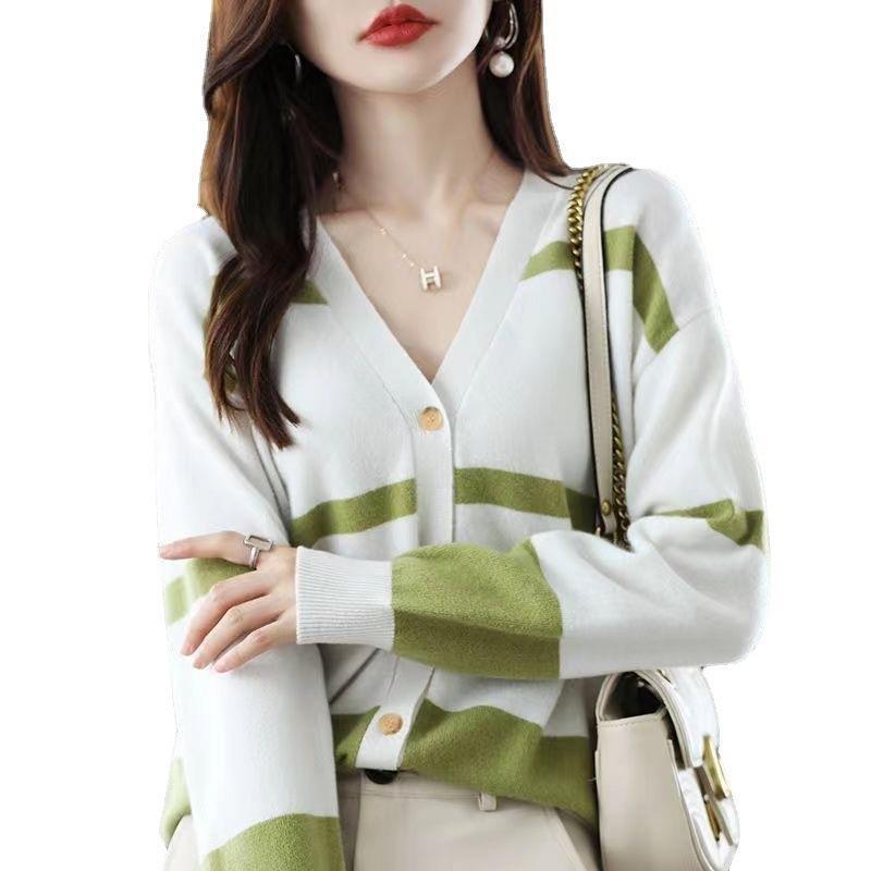 Fashion Striped Button Knitted Cardigan V-neck Women